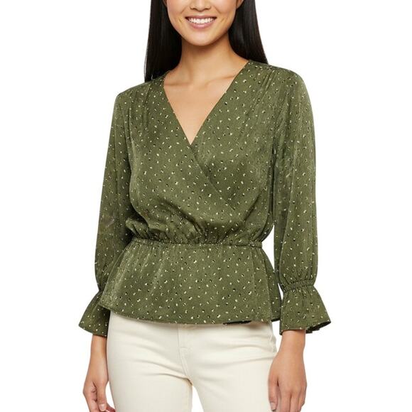 Oat Green Speckled V-Neck Peplum Blouse Long Sleeve Ruffle Cuff NWT Size L - Picture 1 of 9